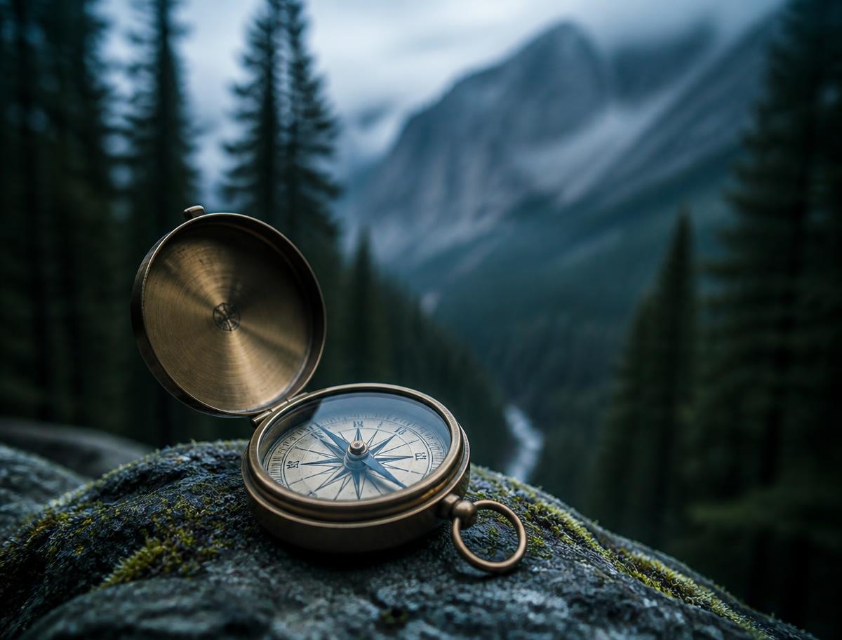 A brass compass resting on a mossy rock